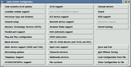 La interfaz gr&aacute;fica para definir tu
     n&uacute;cleo de Linux despu&eacute;s del comando 'make xconfig'.