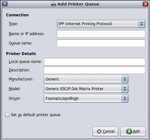 Graphic of the Add Printer Queue dialog that contains preconfigured settings for a new directly attached or new network&hyphen;attached printer.